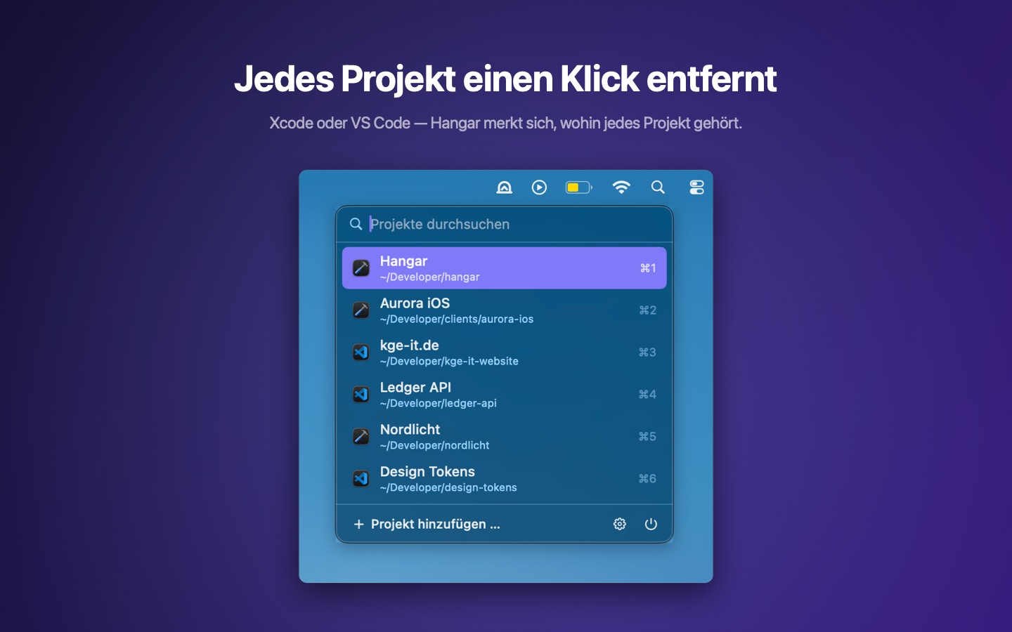 Das Hangar-Menü in der Menüleiste mit sechs Projekten und den Kurzbefehlen ⌘1 bis ⌘6.
