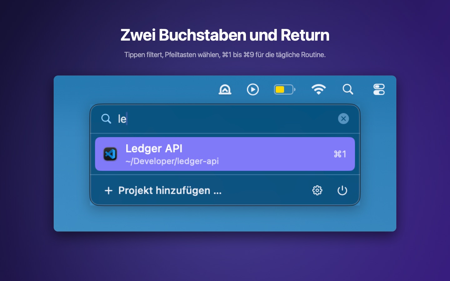 Die Suche: Nach zwei getippten Buchstaben bleibt nur das Projekt „Ledger API“ übrig.