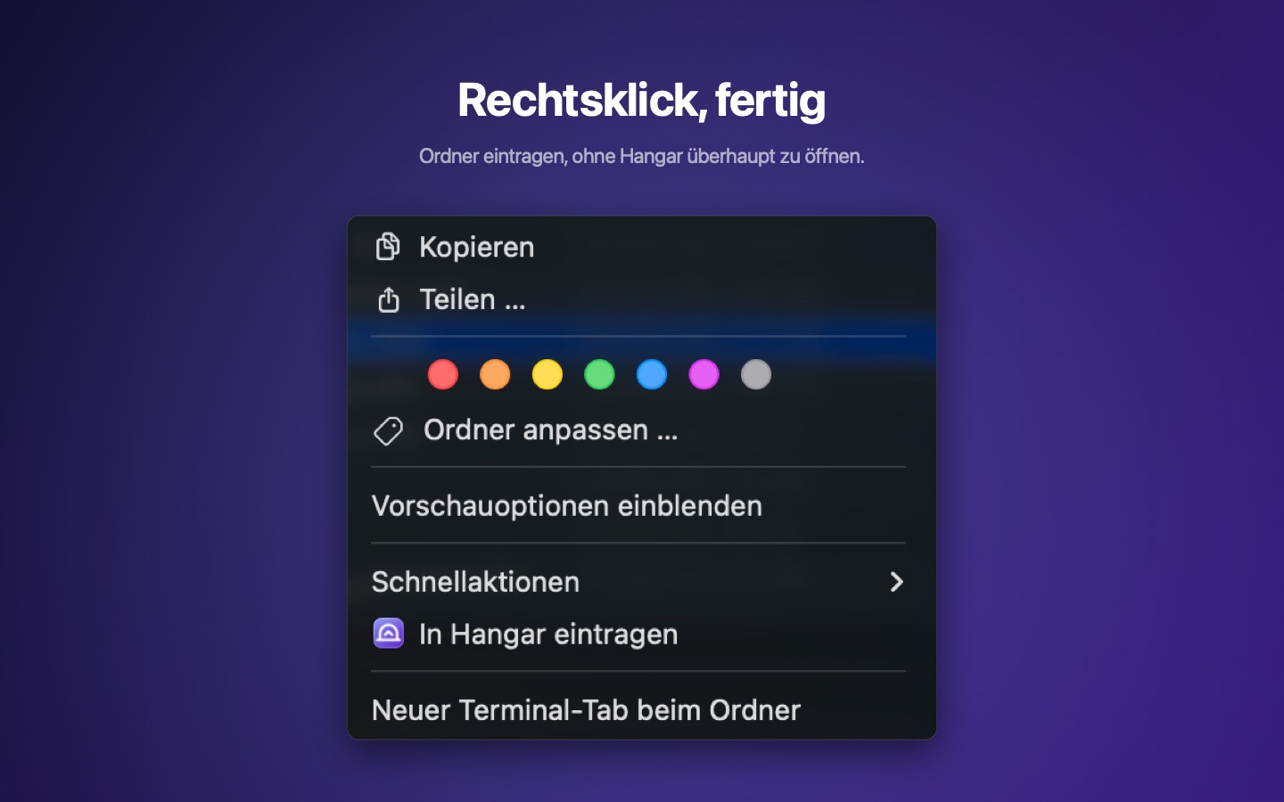 Das Kontextmenü des Finders mit dem Eintrag „In Hangar eintragen“.