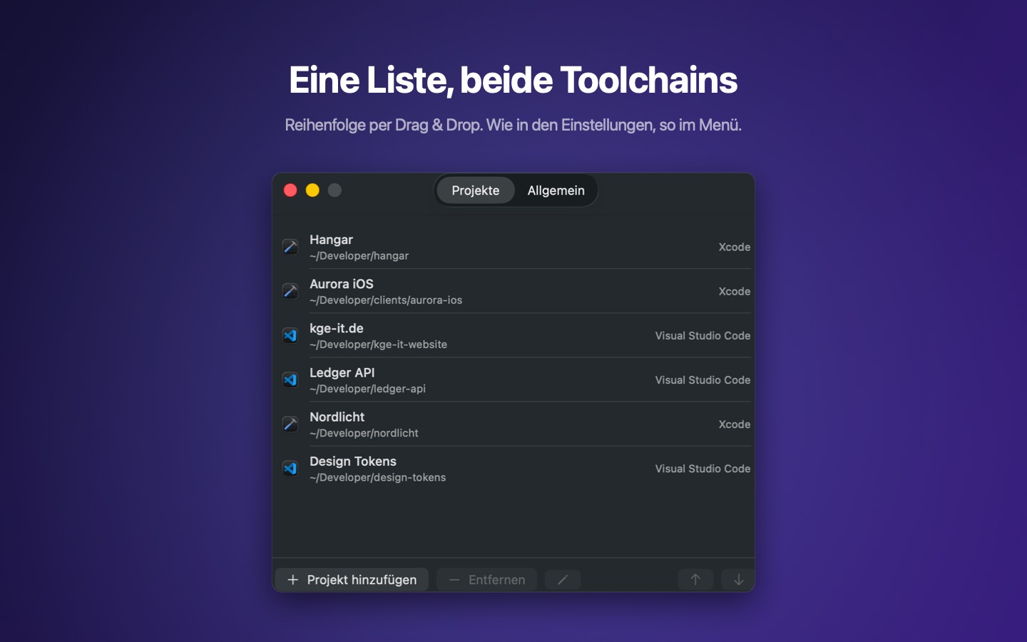 Die Einstellungen mit der Projektliste und dem hinterlegten Editor je Projekt.
