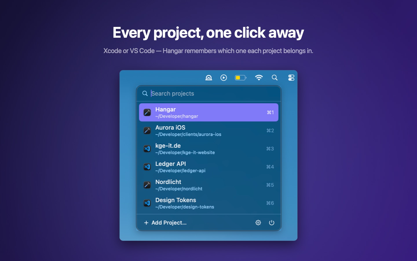 The Hangar menu in the menu bar with six projects and the ⌘1 to ⌘6 shortcuts.