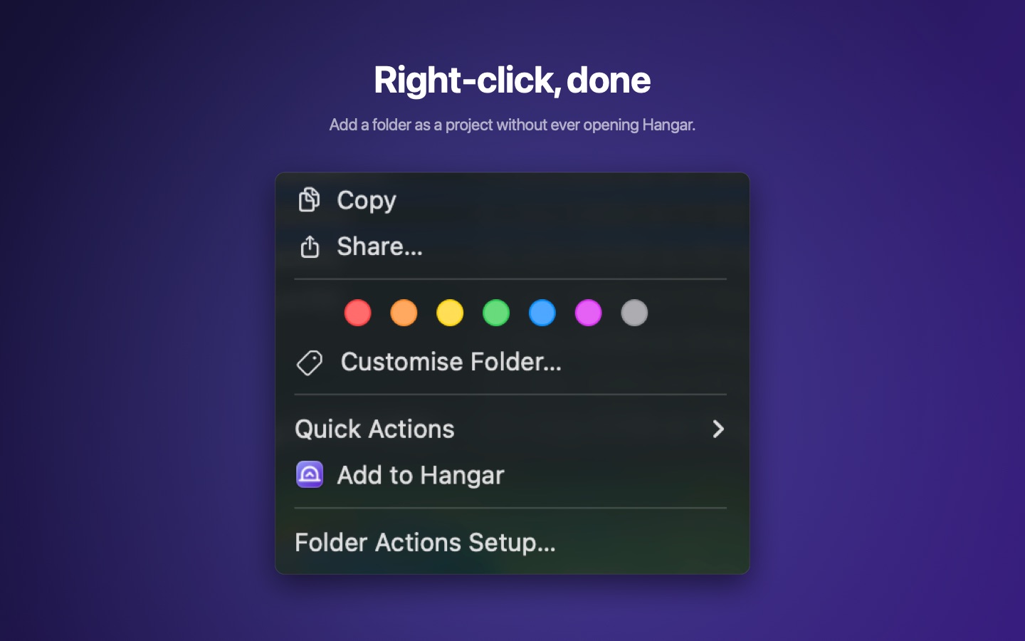 The Finder's context menu with the Add to Hangar item.