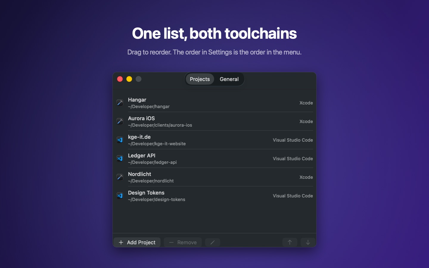 Settings with the project list and the editor stored for each project.