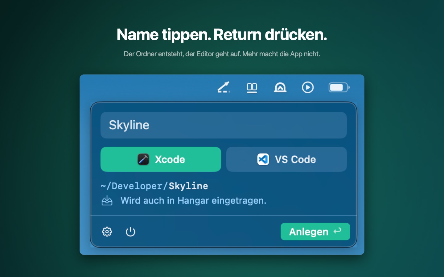Das Runway-Panel unter der Menüleiste mit eingetipptem Projektnamen und der Pfadvorschau darunter.