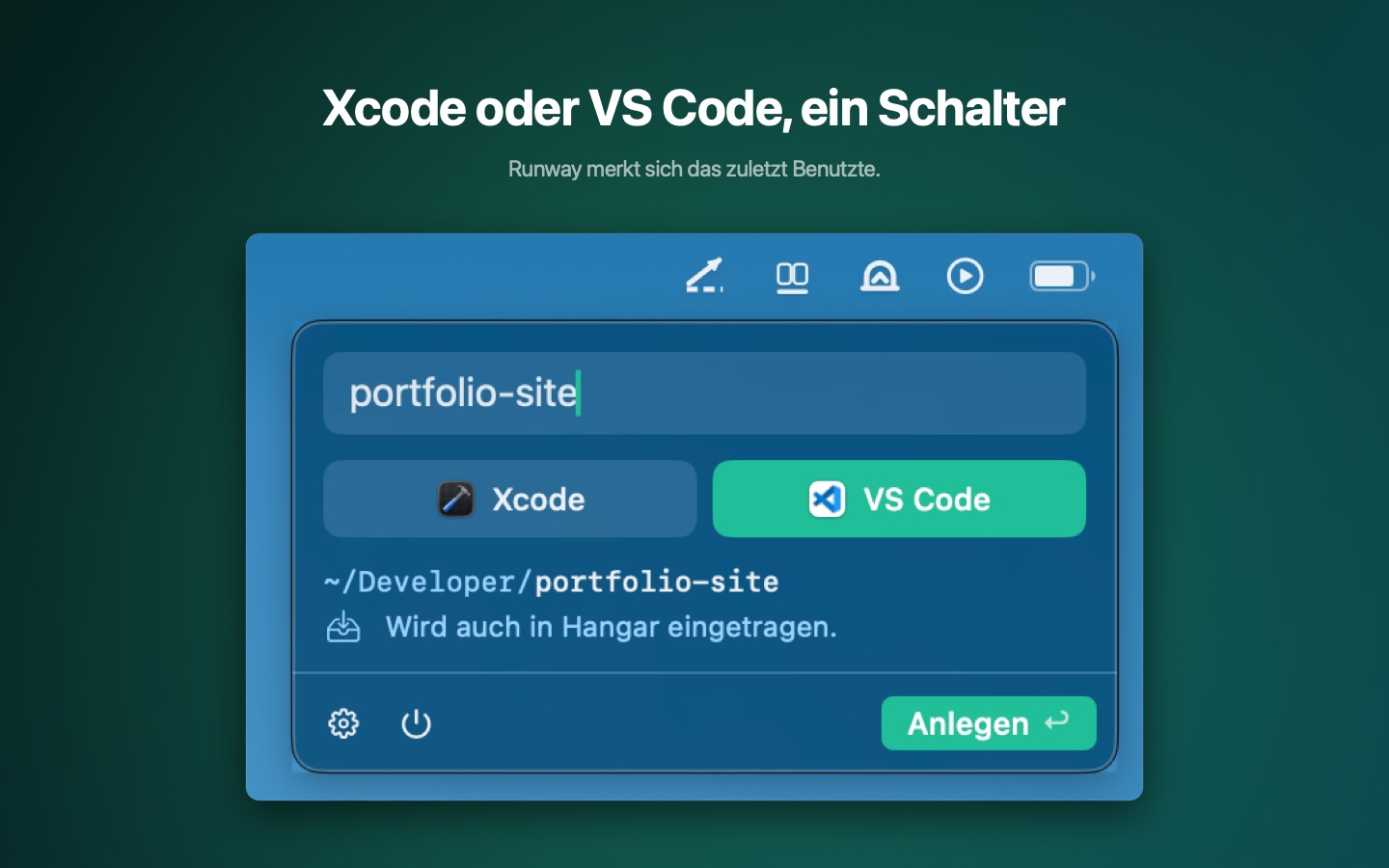 Der Schalter unter dem Namensfeld mit den Symbolen von Xcode und Visual Studio Code.