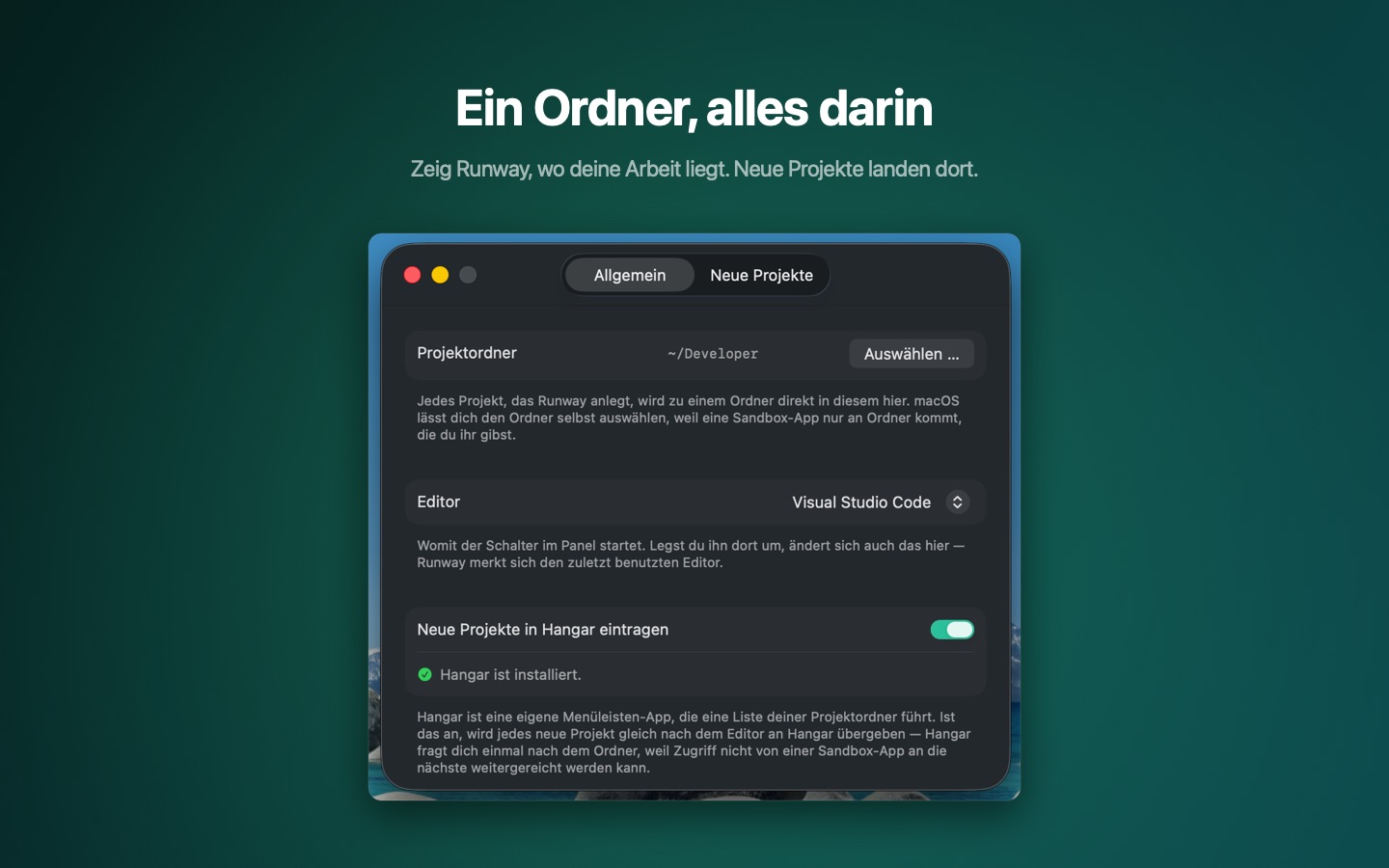 Die Einstellungen mit dem gewählten Projektordner.