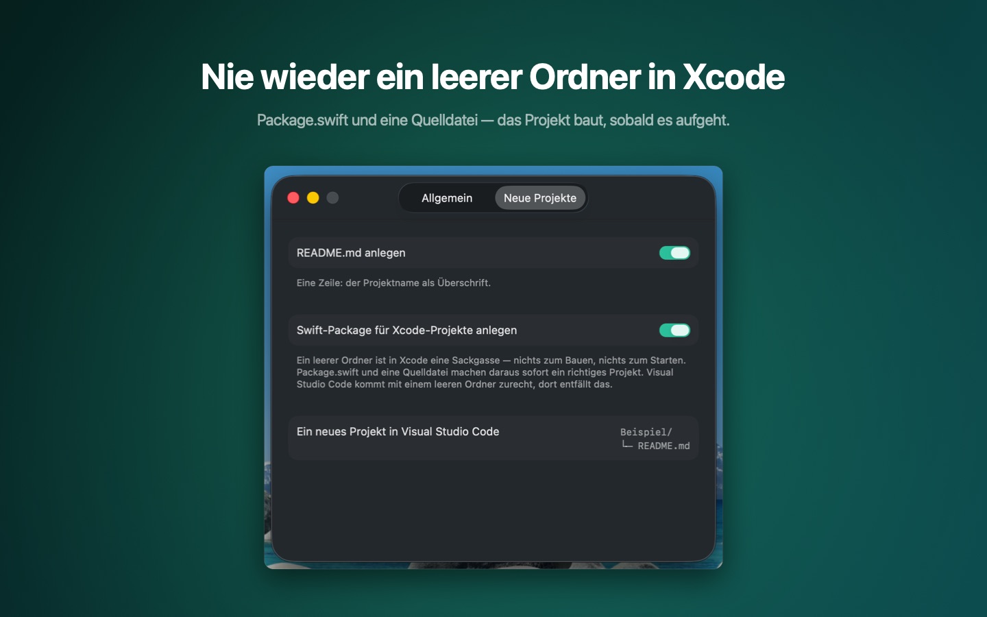 Die Einstellungen für neue Projekte mit dem Swift-Package-Gerüst und der Dateistruktur.