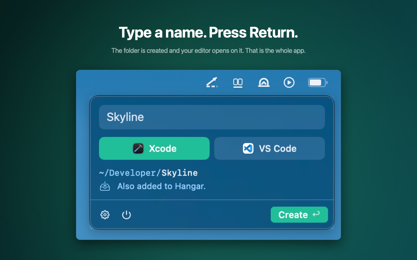 The Runway panel below the menu bar with a project name typed and the path preview underneath.