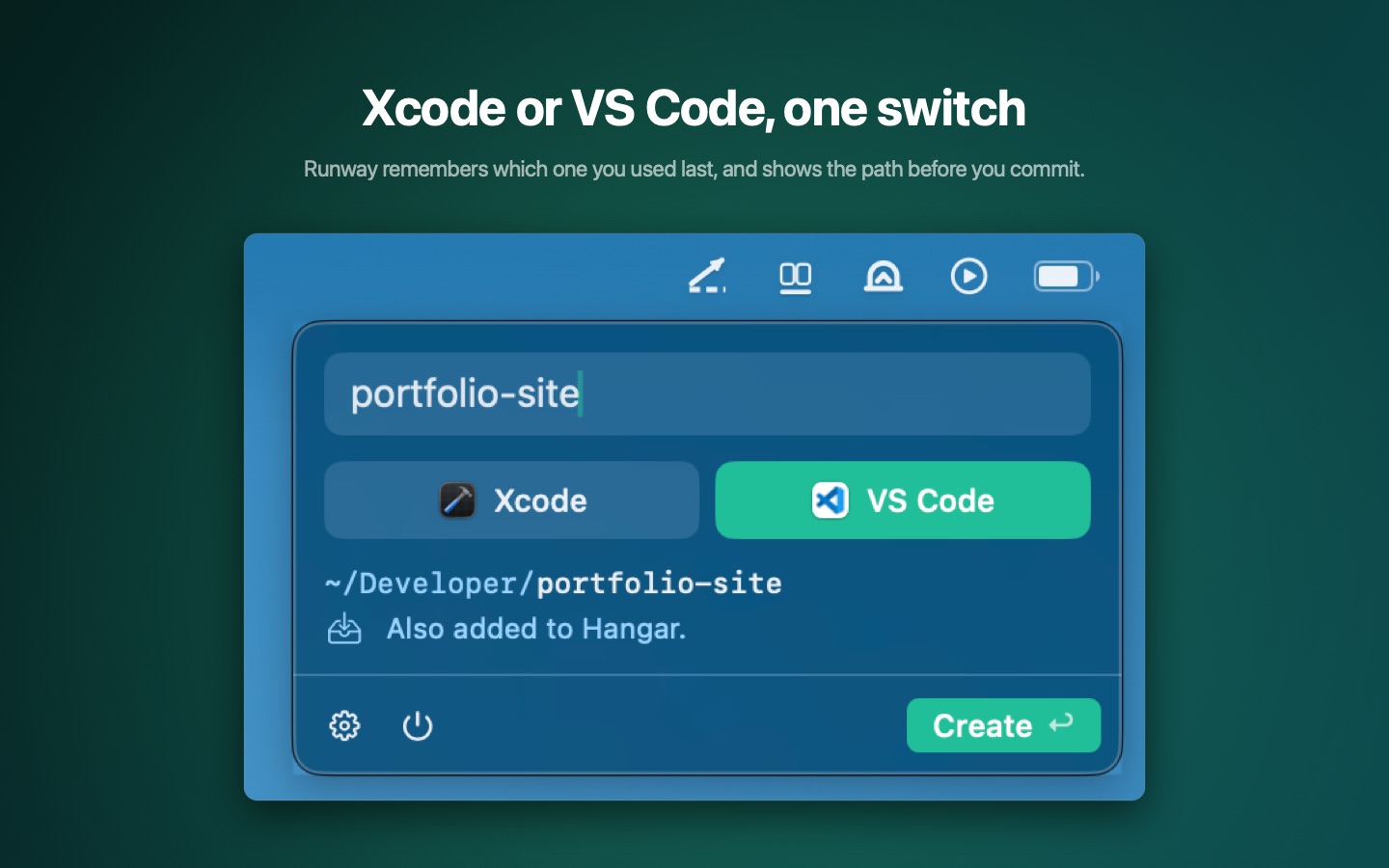 The switch under the name field carrying the Xcode and Visual Studio Code icons.