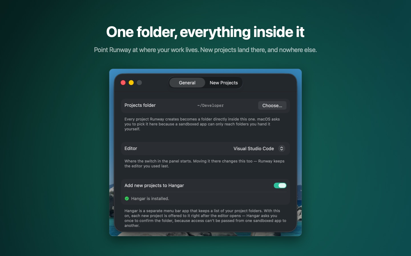 Settings with the chosen projects folder.