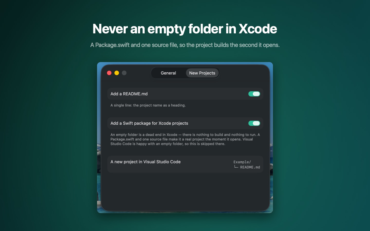 The new project settings with the Swift package scaffold and the resulting file tree.